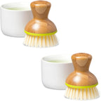 Full Circle Bubble Up- Eco-Friendly Bamboo Dish Brush & Ceramic Soap Dispenser - Natural Scrub Set for Dishes, Cast Iron - Kitchen Cleaning with Handle, White - 2 Pack