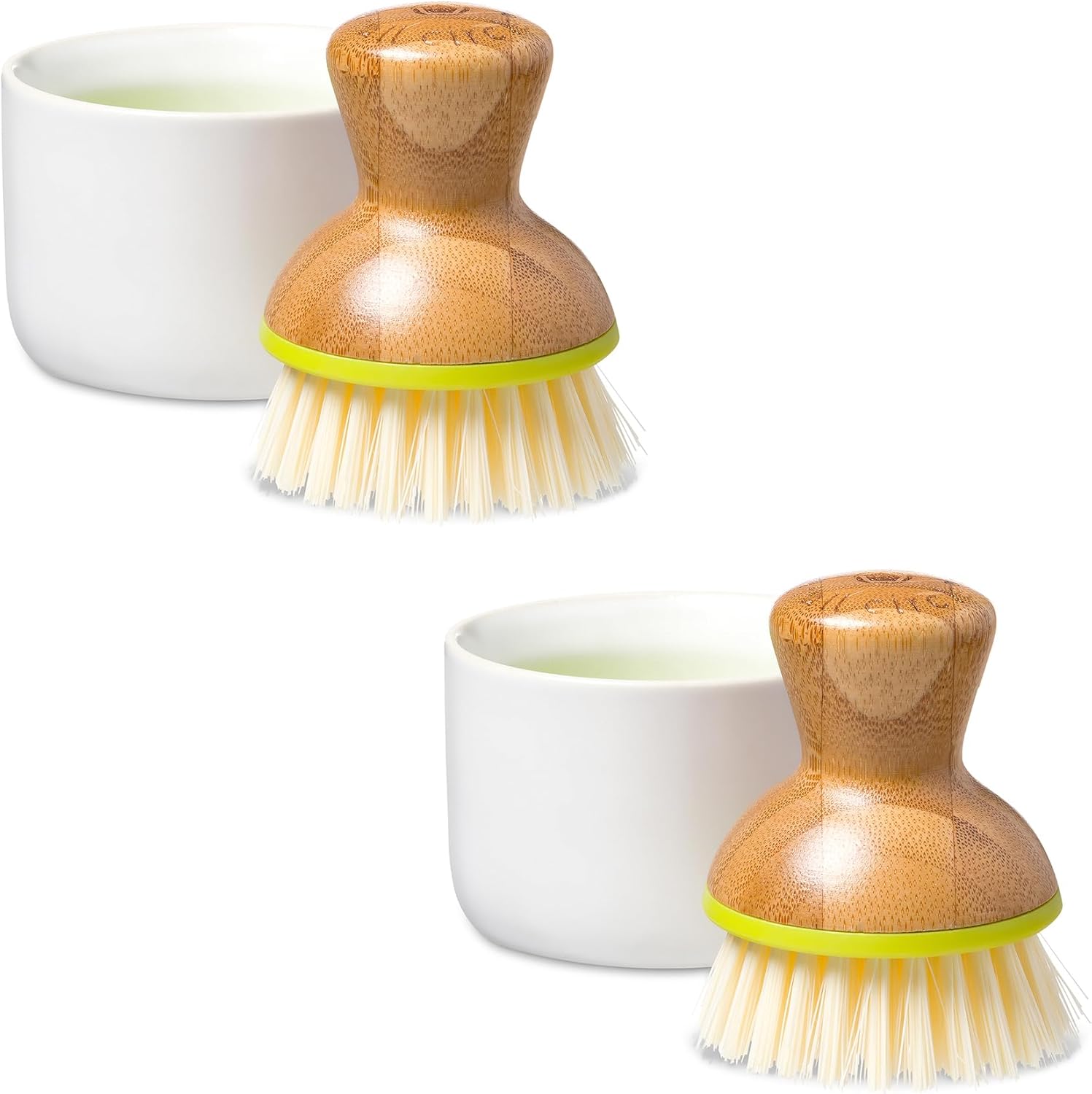 Full Circle Bubble Up- Eco-Friendly Bamboo Dish Brush & Ceramic Soap Dispenser - Natural Scrub Set for Dishes, Cast Iron - Kitchen Cleaning with Handle, White - 2 Pack