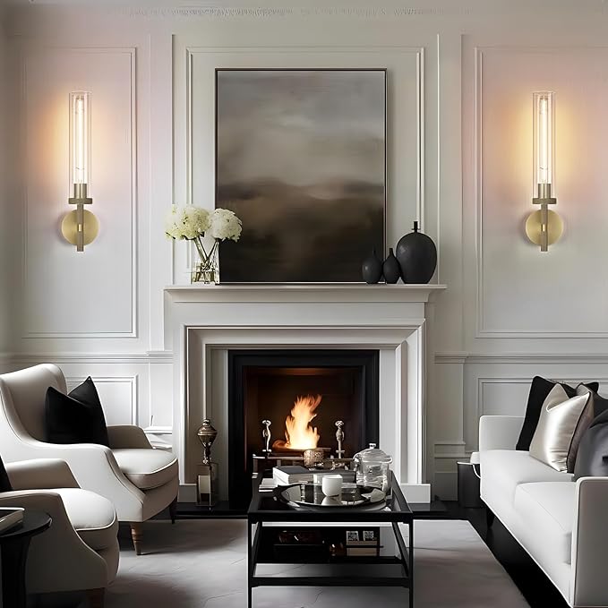 Modern Brass Hardwired Wall Sconces 2 Pack, 21'' Knurled Bathroom Wall Sconce, Indoor Wall Sconce,Copper and Tube Glass Vanity Light, for Living, Bedroom, Hallway, Staircases, Include Bulbs