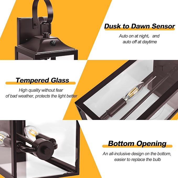 Oil Rubbed Bronze Dusk to Dawn Outdoor Wall Lighting, 19" Large Outside Modern Wall Sconce Lantern, Industrial Porch Light Wall Mount, Waterproof Farmhouse Exterior Lamp 2-Light Brown