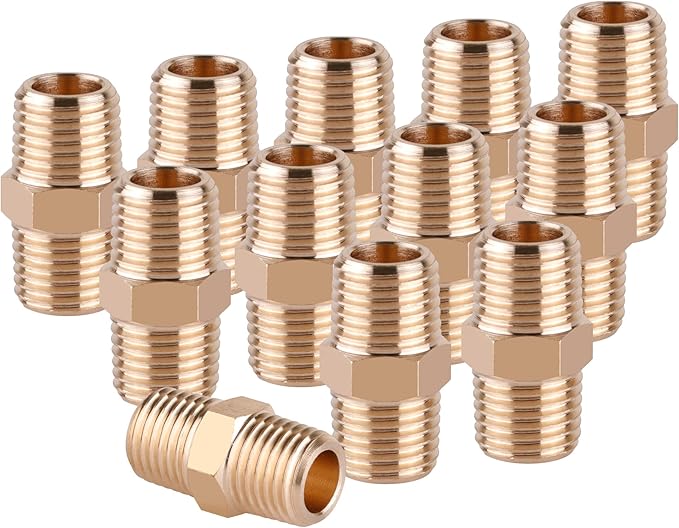 KOOTANS 12pcs Brass Pipe Fittings 1/4 NPT x 1/4 NPT Male to Male Solid Brass Hex Nipple NPT Adapter Pipe Fitting Equal Nipple Connector