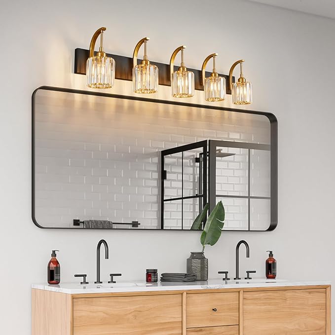 5-Light Crystal Vanity Light, Modern Black Gold Bathroom Wall Sconce with K9 Crystal Shades, 42.51" Long Over Mirror Lighting for Vanity, Makeup, Hallway, Elegant & Easy Installation