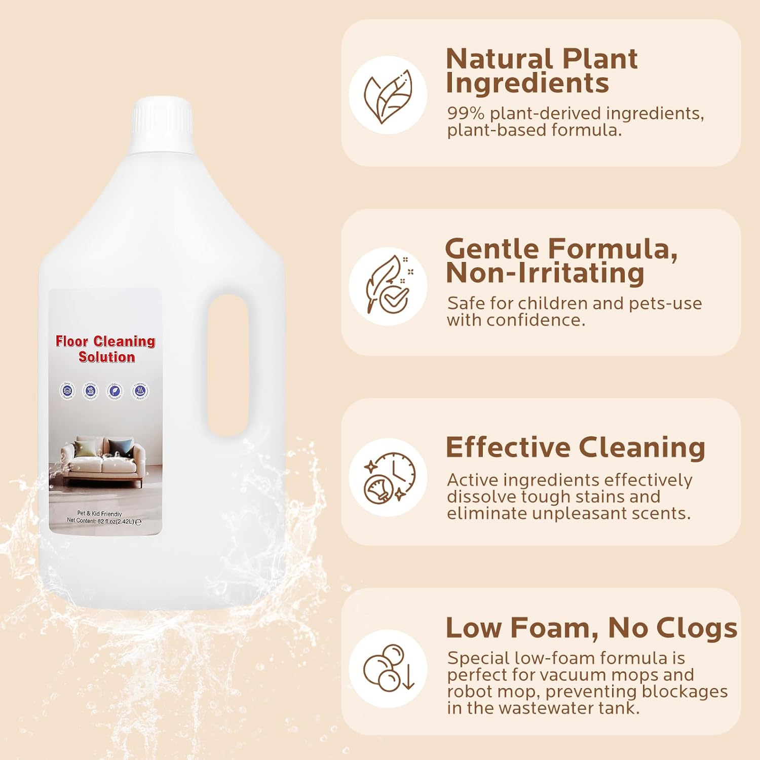 Floor Cleaning Solution,82 Fl Oz - Compatible with All Roborock Mopping Robots (S7, S8, Qrevo, Q7, Q8 series),Low-Foam Pet & Kid Friendly（Fresh Fragrance）