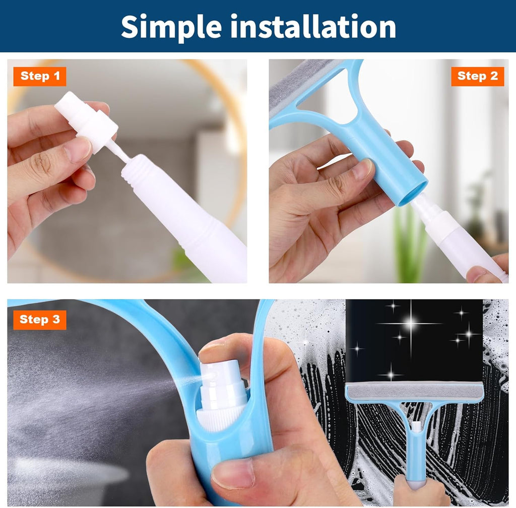 Juome 2PCS 3 in 1 Window Cleaning Scraper - Window Cleaner Squeegee with Sprayer, Squeegee for Window Cleaning Kit, Window Cleaning Tool with Cleaning Brush for Shower Glass, Mirrors, Home Window, Car
