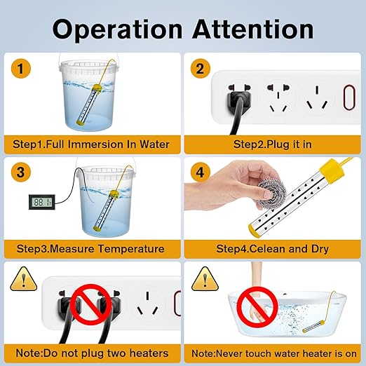 Portable Water Heaters, 1500W Immersion Water Heater Electric with Digital LCD Thermometer, Bucket Heater with 304 SS Guard Fast Heating in Minutes Suitable for Bucket Bathtubs and Basin