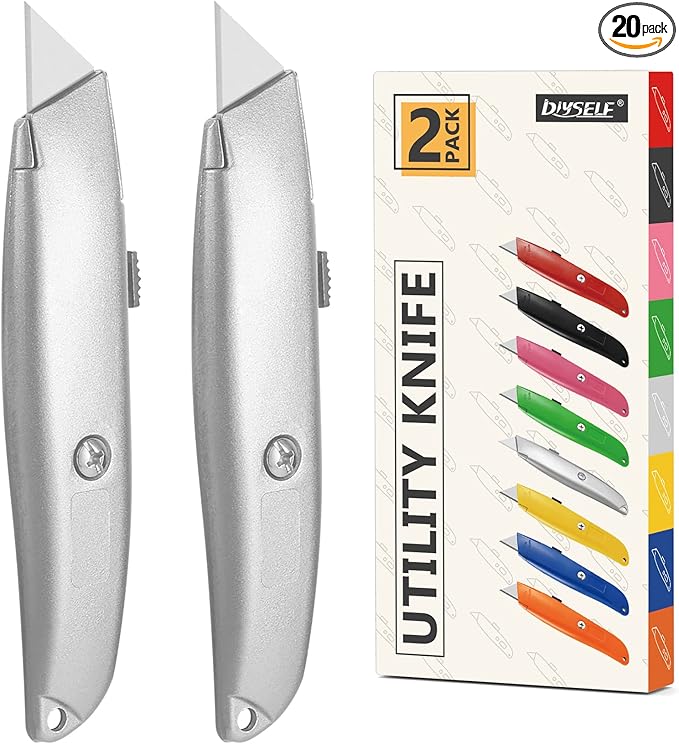 DIYSELF Utility Knife, 20 Pack Heavy Duty Box Cutter Retractable, Box Cutter Knife, Box Opener, Cardboard Cutter, Utility Knives for Garage, Home and Office, Box Cutters for Daily Use (Silver)