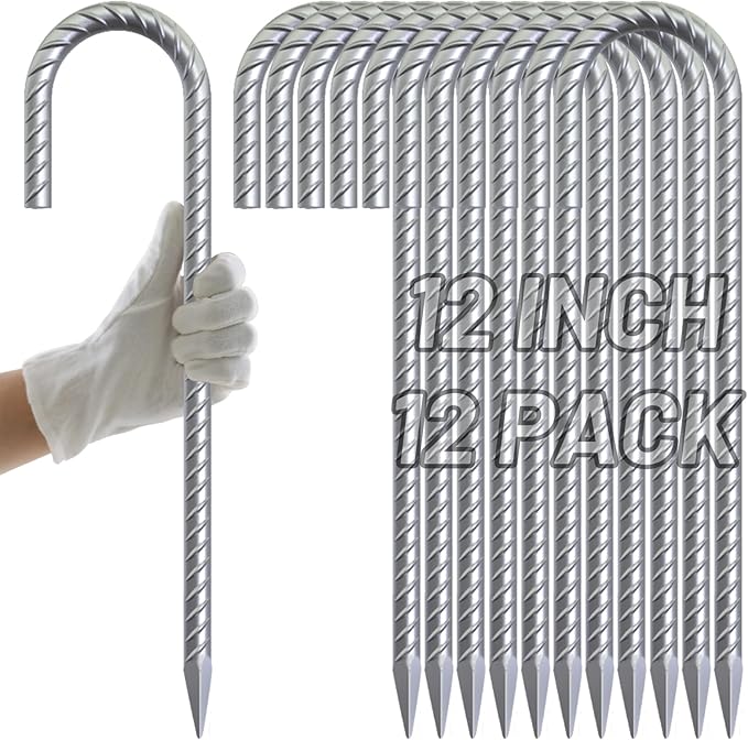 AAGUT Rebar Stakes 12 inch Galvanized Metal Tent Stakes 3/8" Heavy Duty Ground Anchor Stake for Large Canopy and Fence, J Hook Stakes Easy to Push into Hard Soil,12 Pack