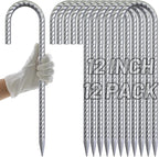 AAGUT Rebar Stakes 12 inch Galvanized Metal Tent Stakes 3/8" Heavy Duty Ground Anchor Stake for Large Canopy and Fence, J Hook Stakes Easy to Push into Hard Soil,12 Pack