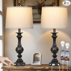 28" Farmhouse Table Lamps Set of 2, Retro Lamps for Living Room with USB C+A Ports & AC Outlet, 3 Way Touch Control Resin Bedside Lamp, Rustic Bedroom Lamp for Nightstand Side End Table Desk, Black