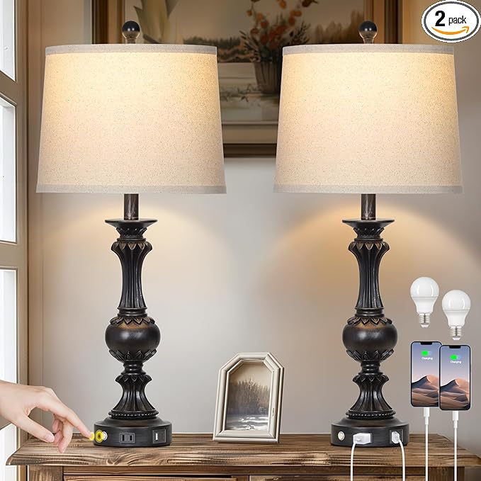 28" Farmhouse Table Lamps Set of 2, Retro Lamps for Living Room with USB C+A Ports & AC Outlet, 3 Way Touch Control Resin Bedside Lamp, Rustic Bedroom Lamp for Nightstand Side End Table Desk, Black