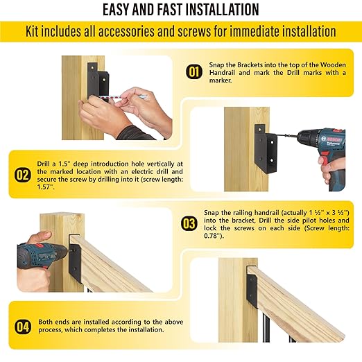 201 Stainless Steel 2" x 4" (1 ½" x 3 ½" Actual) Deck Railing 40° Stair Connectors, for Deck Railing Stair Handrail Connection Installation Deck Railing Bracket (4 Pair-Black)