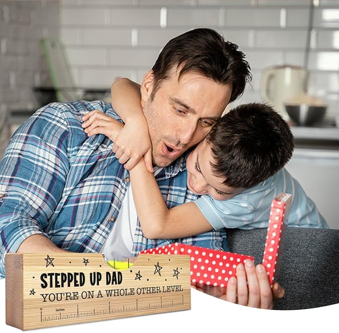 Christmas Gifts for Stepped Up Dad, Best Stepdad Bonus Dad Gifts Ideas, Funny Fathers Day Birthday Valentines Gift for Father Papa Wooden Spirit Level A5