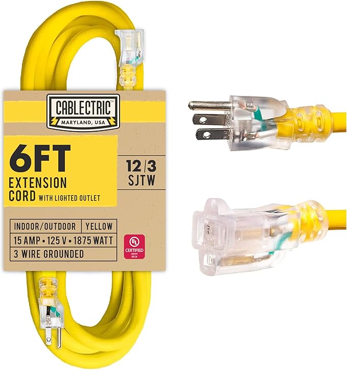 12 Gauge Outdoor Extension Cord 6 ft, 12/3 Heavy Duty Extension Cord 3 Prong Lighted End 6 Foot, SJTW Weatherproof Industrial Electrical Cable for Major Appliances, Proudly American Brand
