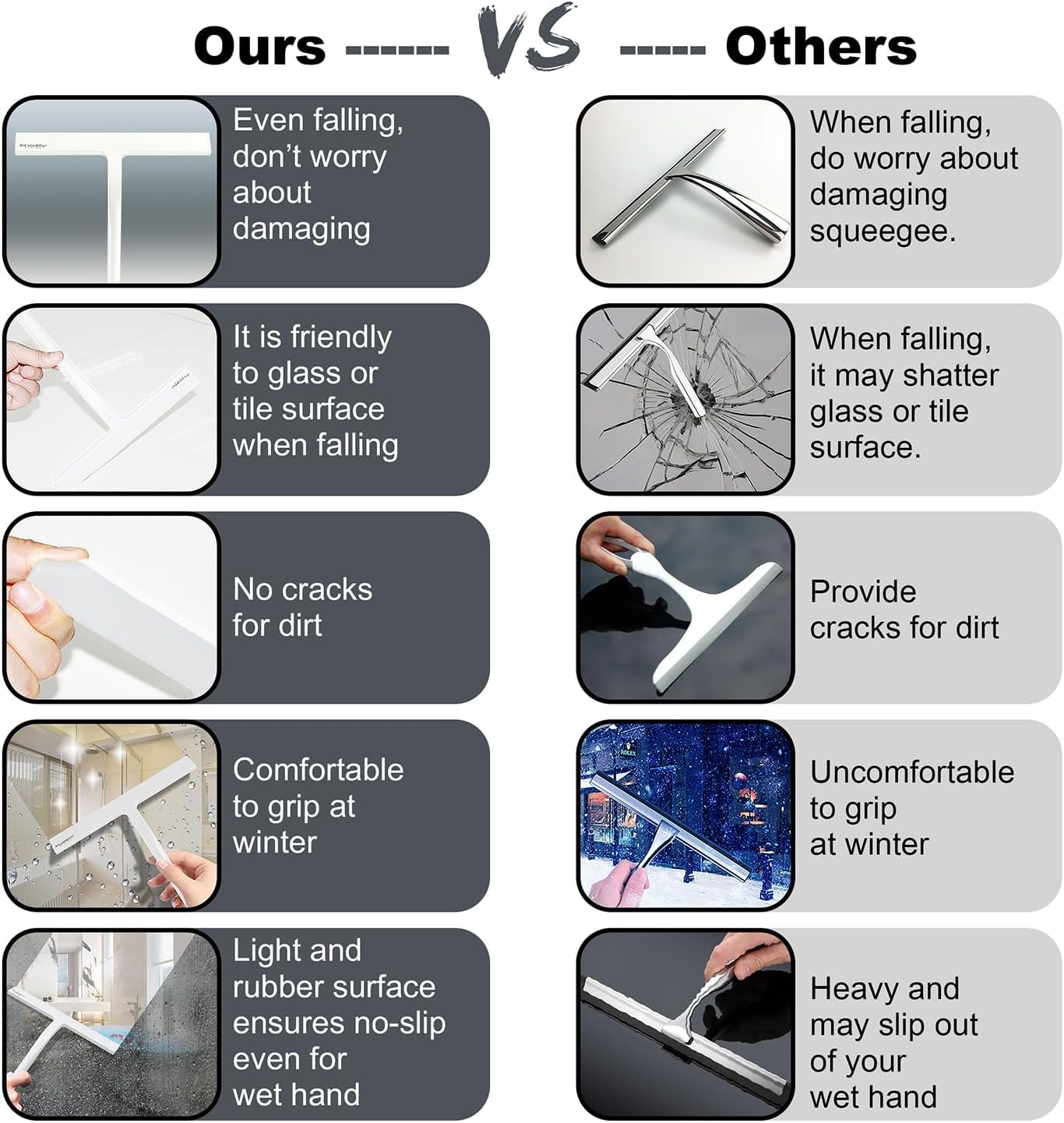 Shower Squeegee for Glass Doors 10 Inch, RICHMIRTH All Purpose Squeegee Cleaning Tool for Window Glass Mirror Bathroom Tile with Suction Cup Hooks - White