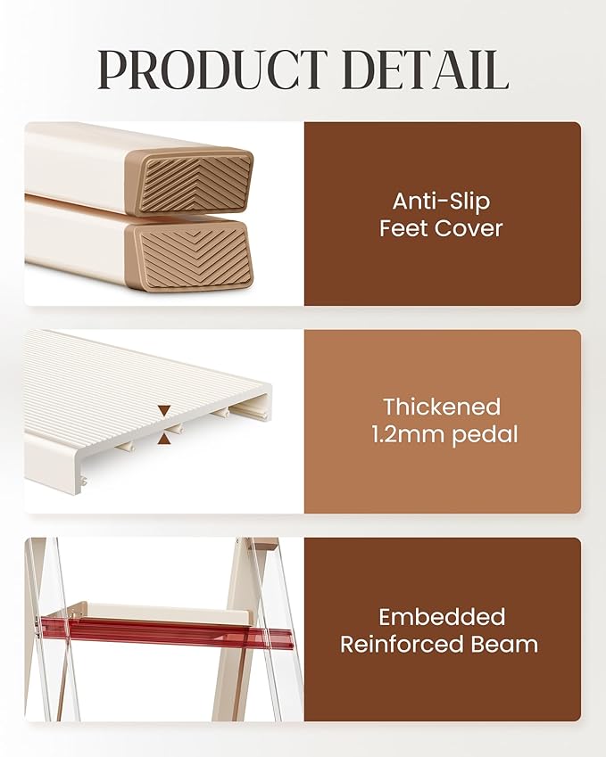 GameGem 3 Step Ladder, Aluminum Folding Step Stool with Anti-Slip Sturdy and Wide Pedal, Lightweight Portable Stepladder for Home and Kitchen Use Space Saving, 330 lbs, Chocolate White