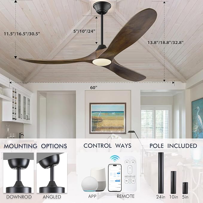 60 Inch Ceiling Fans with Lights, Outdoor Ceiling Fans for Patios with Light Damp Rated, 3 Blades Wood DC Ceiling Fan Modern Large Airflow Commercial Ceiling Fan with Remote & APP for Exterior Indoor