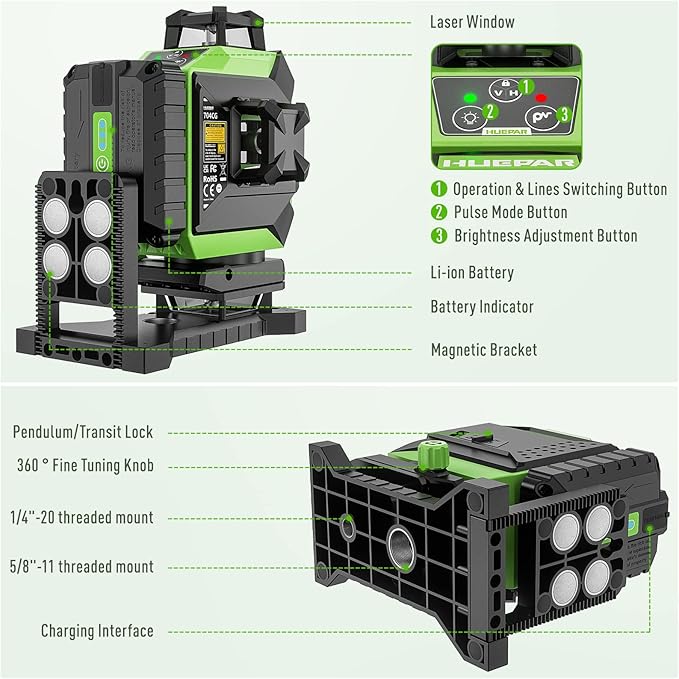 Huepar 4x360 Laser Level Self-leveling 4D Green Beam Cross Line 16 Lines Tiling Floor Laser Tool -2x360 Horizontal/Vertical Laser Lines -rechargeable Li-ion Battery & Integrated Magnetic Bracket 704CG