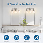 DEWENWILS Bathroom Light Fixtures, 5-Piece All-in-One Bathroom Light Set, 3 Light Brushed Nickel Bathroom Vanity Light with Glass Shades, Towel Bar, Towel Ring, Robe Hook, Toilet Paper Holder