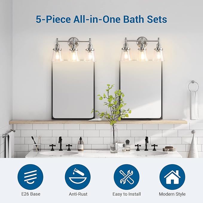 DEWENWILS Bathroom Light Fixtures, 5-Piece All-in-One Bathroom Light Set, 3 Light Brushed Nickel Bathroom Vanity Light with Glass Shades, Towel Bar, Towel Ring, Robe Hook, Toilet Paper Holder