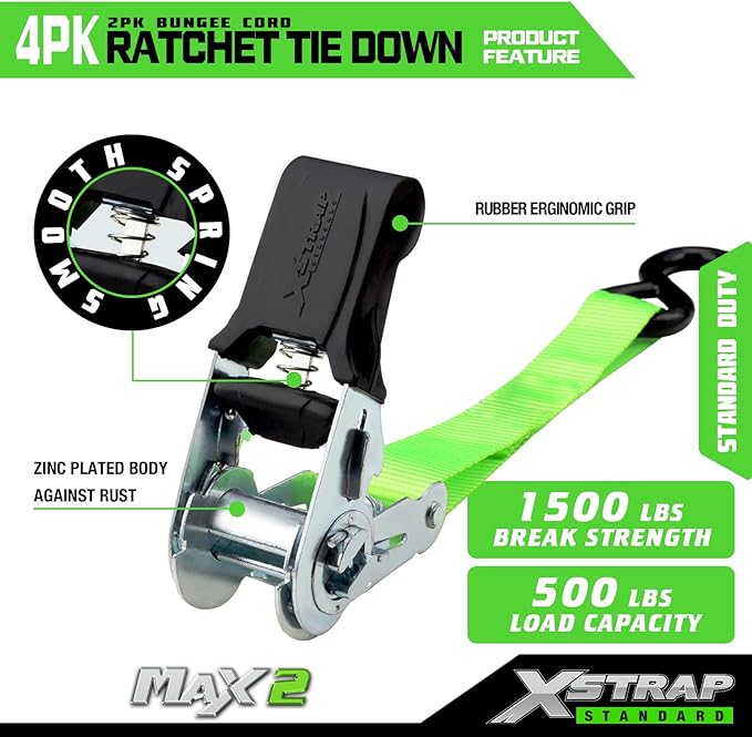XSTRAP STANDARD Ratchet Tie Down Straps 4Pk 15Ft 1500Lb Break Strength, Cargo Straps for Moving Appliances, Lawn Equipment, Motorcycle, Includes 2 Bungee Cord