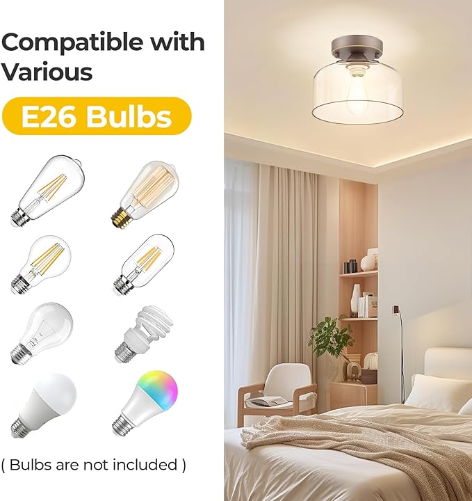 Semi Flush Mount Ceiling Light Bronze, Clear Glass Pendant Lamp Shade, Modern Farmhouse Light Fixture for Hallway Corridor Kitchen Entryway Bedroom, Bulb Not Included