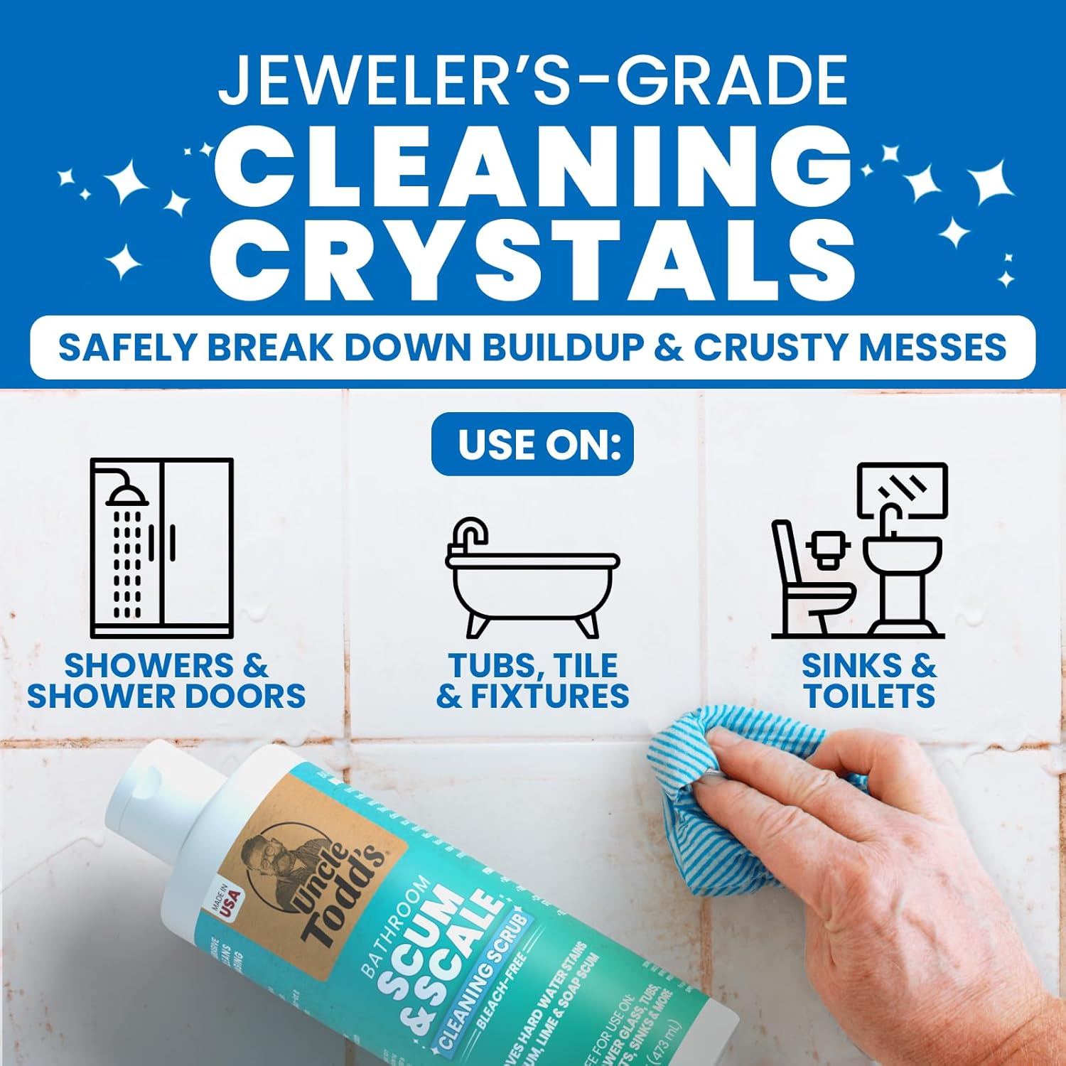 Uncle Todd's Scum & Scale Bathroom Cleaner Hard Water Stain & Soap Scum Remover – Bleach-Free, Heavy Duty Calcium Lime Rust Cleaner for Shower, Glass, Toilet, Tub & Sink – 16oz