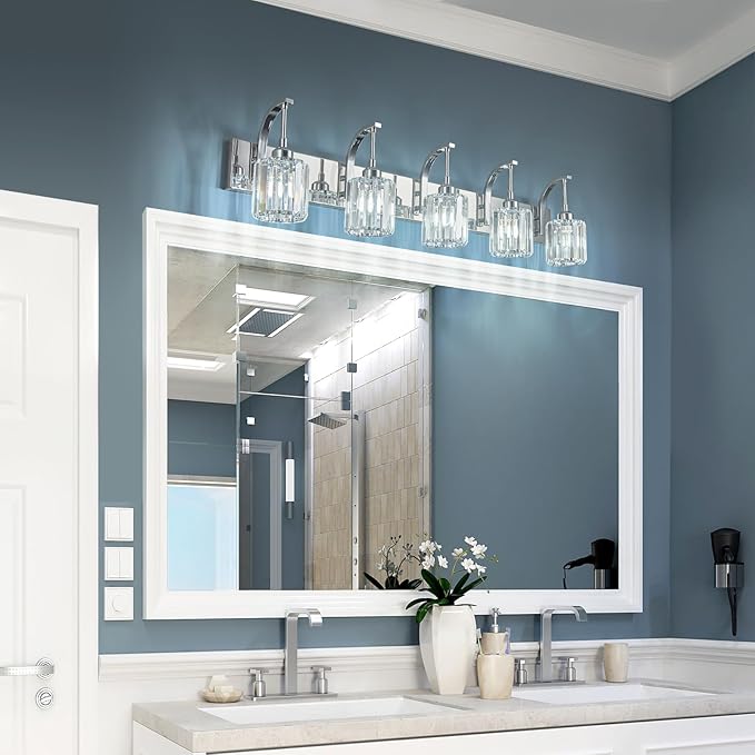 5-Light Crystal Vanity Light, Modern Chrome Bathroom Wall Sconce with K9 Crystal Shades, 42.51" Long Over Mirror Lighting for Vanity, Makeup, Hallway, Elegant & Easy Installation