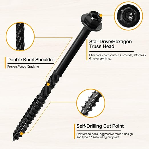 #14 x 4 Wood Structural Screws 300 Pack Hex Head Lag Screws, Rust Resistant Timber Screws for Timber/Log/Landscaping Wood (Black)