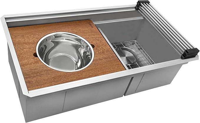 Ruvati 33-inch Workstation Kitchen Sink - Dual Tier Double Bowl Kitchen Sink - Low Divide Undermount Sinks - 16 Gauge Stainless Steel Kitchens Sinks - RVH8255