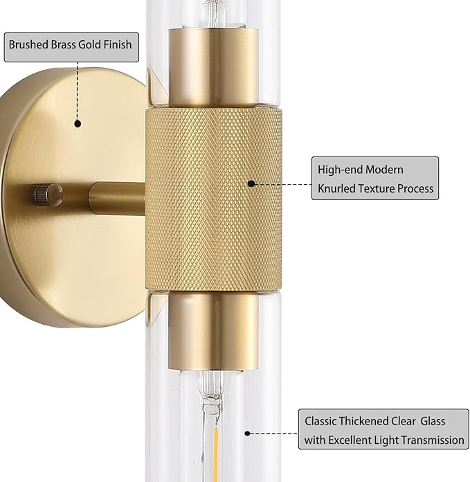 Gold Knurled Texture Wall Sconce Clear Glass Shade Modern Bathroom Vanity Light Fixtures 2-Lights Mid Century Wall Light for Mirror Living Room Hallway E26 T10 Bulbs(Excluded)