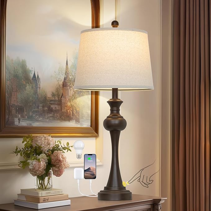 Brown Touch Table Lamps,28.75" Tall Bedside Lamps with USB C+A Ports, 3-Way Dimmable Table Lamp, Nightstand Lamps for Bedroom, Living Room，Brown Lamps with Beige Lampshade, Bulb Included