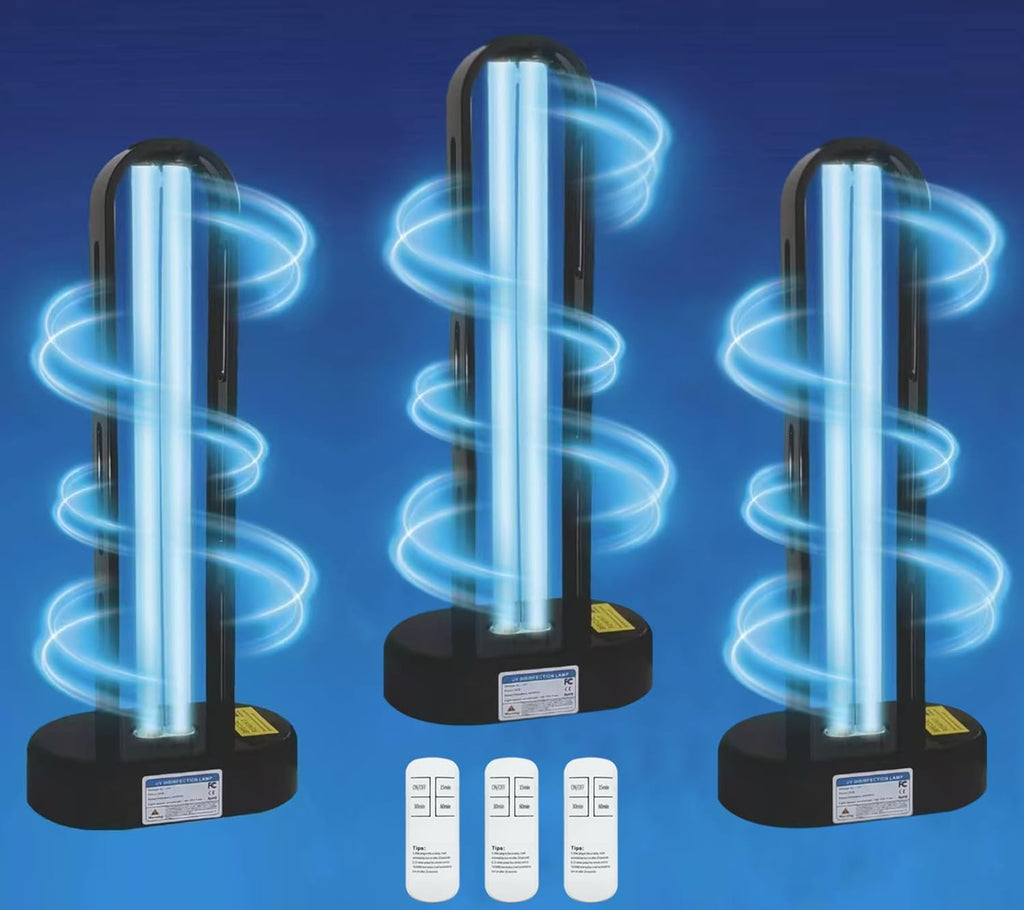 BAIMNOCM 3 Pack 38W UV Light Sanitizer, UVC Germicidal Lamp with Remote Control, UV Disinfection Light Bulb for Basement/Bedroom/Kitchen (2 Ozone Free + 1 Ozone)