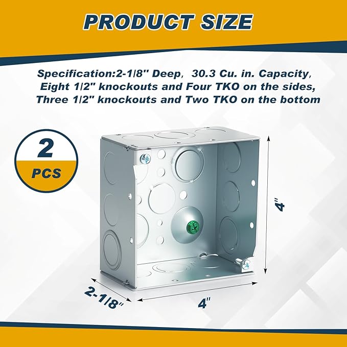 2 Pcs 4 x 4 Inch Metal Electrical Junction Box 2-1/8'' Deep Square Electrical Box Silver Galvanized Steel Drawn Construction