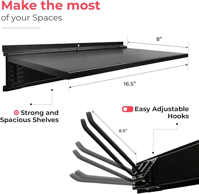 Heavy-Duty Garage Wall Storage System | Wall Mounted Tool Organizer Rack with Shelving | 10-Piece Mounting Kit | Includes 4x8.5” Adjustable Hooks & 2x16.5” Floating Utility Shelves