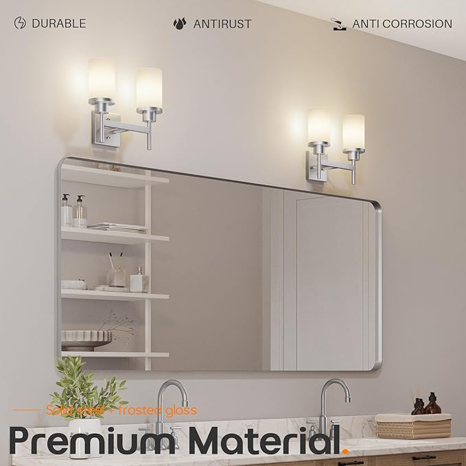 Bathroom Light Fixtures Brushed Nickel Vanity Lights with White Frosted Glass Shade, Double Wall Lamps for Mirror Kitchen Living Room Porch T001BR-L2