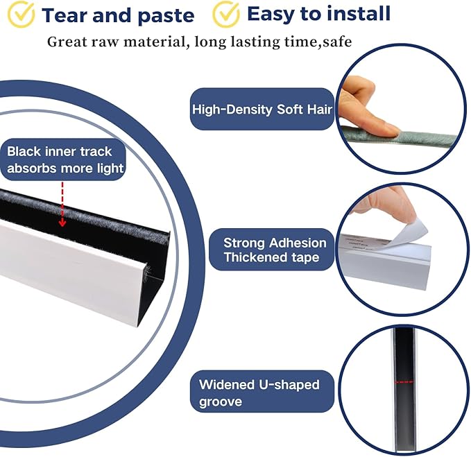 U Channel Blackout PVC Light Blocking Strips for Roller Blinds Light Gap Blockers Window Shades Side Rail Tracks Bedroom Sleep, Side Tracks for Cordless Blackout Shades (White, 58",2Pcs)