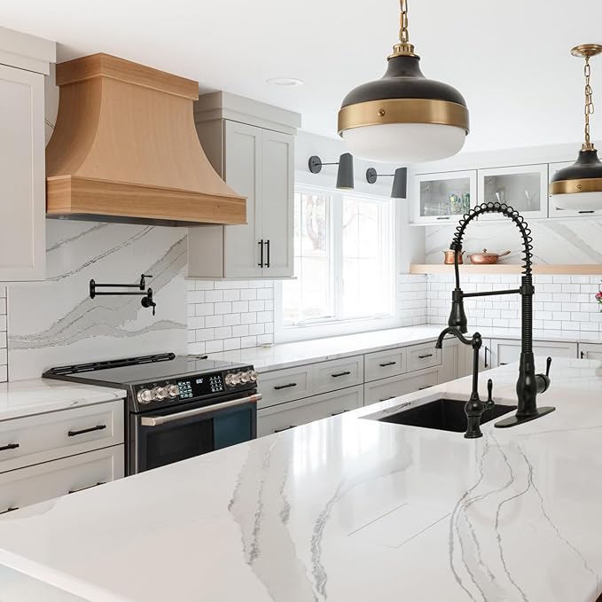 Akicon Pre-Rinse Spring Kitchen Faucet, Single Handle Solid Brass High Arc Pull Down Sprayer Head Kitchen Sink Faucet with Deck Plate