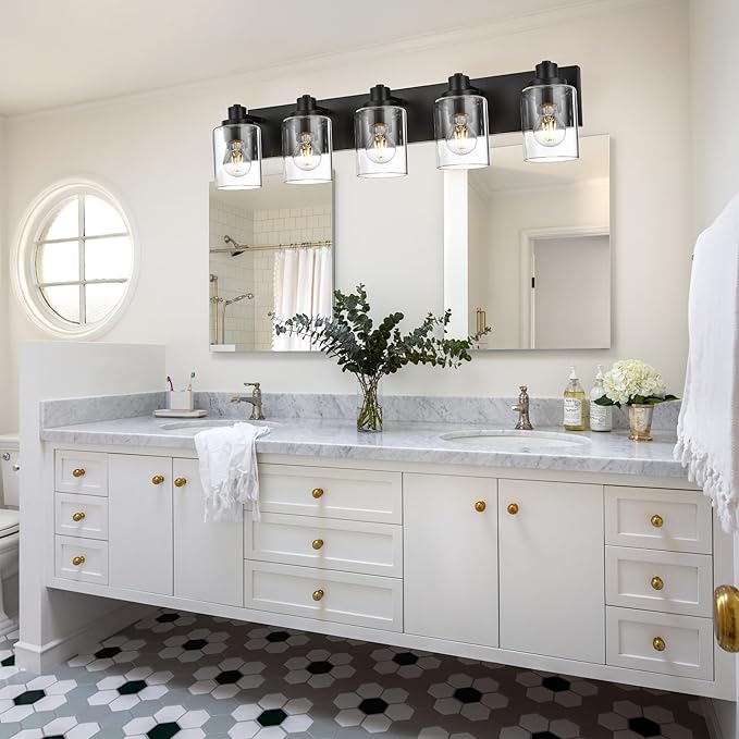 5 Light Bathroom Vanity Lights, Bathroom Lighting Fixtures over Mirror with Clear Glass Shades, Black Vanity Light For Bathoom, Modern Wall Sconces Vanity Lighting Fixture for Bathroom Hallway