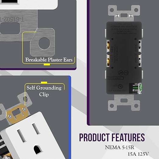 ENERLITES 20 Pack Matte White Decorator Receptacle with Screwless Wall Plate, Standard Electrical Wall Outlet, 15A 125V, Self-Grounding, 2-Pole, 3-Wire, UL Listed, 61502-TR-MWSID, Tamper Resistant