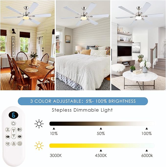 56inch Ceiling Fans with Lights and Remote/App Control, Dimmable LED, Reversible DC Motor, Noiseless, 6 Double-Side blades, 6 Speeds Low Profile Ceiling Fan for Indoor/Outdoor Use（ Nickel）
