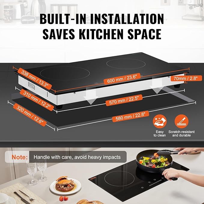 VEVOR Electric Radiant Cooktop, 24in 2 Burners Built-in Electric Stove Top, 1800W Ceramic Top Cooktop with Glass Panel, Touch Control, 9 Heat Level, Residual Heat Indicator,Timer, Child Lock, 120V
