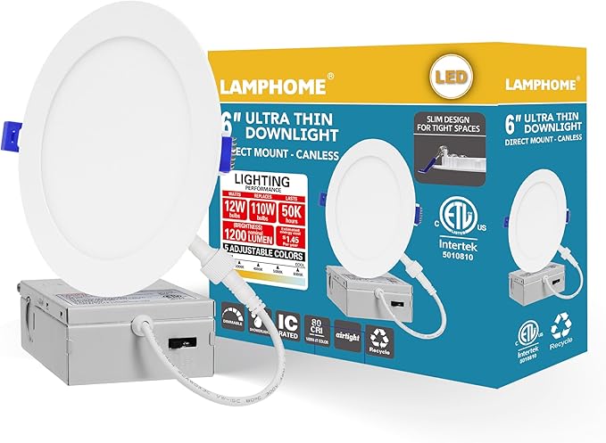 LAMPHOME 1-Pack of 6-Inch Slim LED Recessed Lights with Junction Box, Adjustable Color Temperatures (2700K-5000K), 12W Equivalent to 110W, Dimmable, 1050LM Brightness - ETL and Energy Star Certified