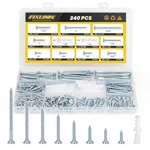 Wood Screws Assortment Kit, FIXLINK 240 PCS High Hardness Flat Head Wood Screws Set, Phillips Drive Assorted Screws, Contain 15PC Anchors and 8 Size (2-1/2”,2”,1-1/2”,1-1/4”,1”,3/4”,5/8”,1/2”), Zinc