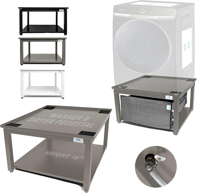 Washer and Dryer Pedestals - 29" W, 16" H, Gray Steel Universal Fit with Major Brands, Leak-Proof Laundry Pedestal with Drain Pan & Hose, Washer and Dryer Stand for Back Pain Relief, 800 lbs Capacity