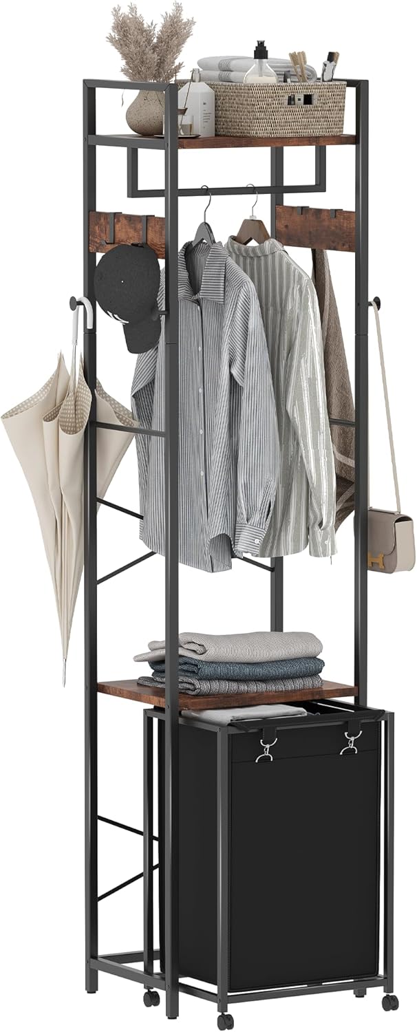 Coat Rack with Laundry Basket, Laundry Hamper Freestanding Hall Tree, Clothes Rack with Storage Shelves, 14.5 Gal Removable Bags on Wheels, Black and Brown JLH005SR