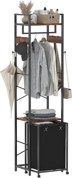 Coat Rack with Laundry Basket, Laundry Hamper Freestanding Hall Tree, Clothes Rack with Storage Shelves, 14.5 Gal Removable Bags on Wheels, Black and Brown JLH005SR