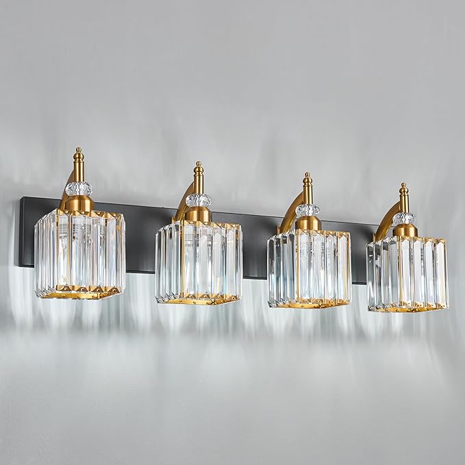 Crystal Vanity Lights - Black Gold 4 Light Bathroom Vanity Light Fixtures Over Mirror Modern Vanity Light