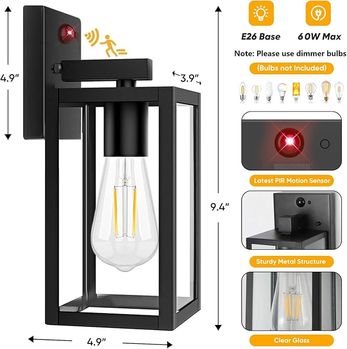 Motion Sensor Outdoor Lighting, 2 Pack Dusk to Dawn Outdoor Wall Lights, Waterproof Exterior Light Fixture Wall Mount, Aluminum Porch Light Outside Light for House