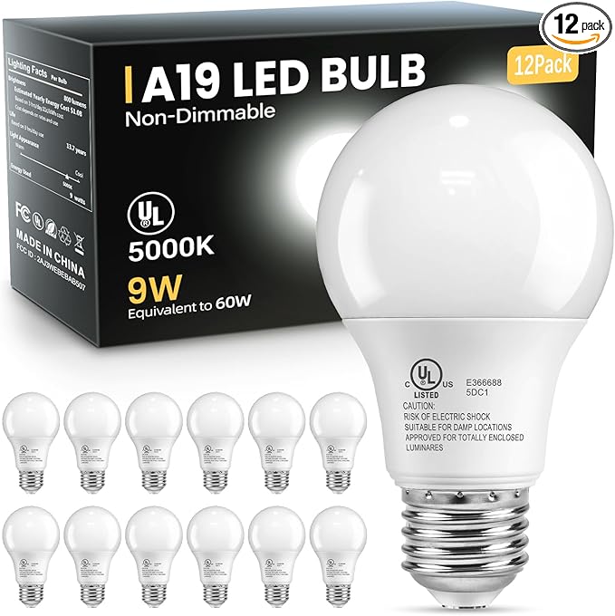 VOLIVO 12 Pack A19 LED Light Bulbs, Daylight 5000K, 9W(60 Watt Equivalent), 800 Lumens, 120V, E26 Standard Base, Non-Dimmable LED Bulb, UL Listed and FCC Certified, Energy