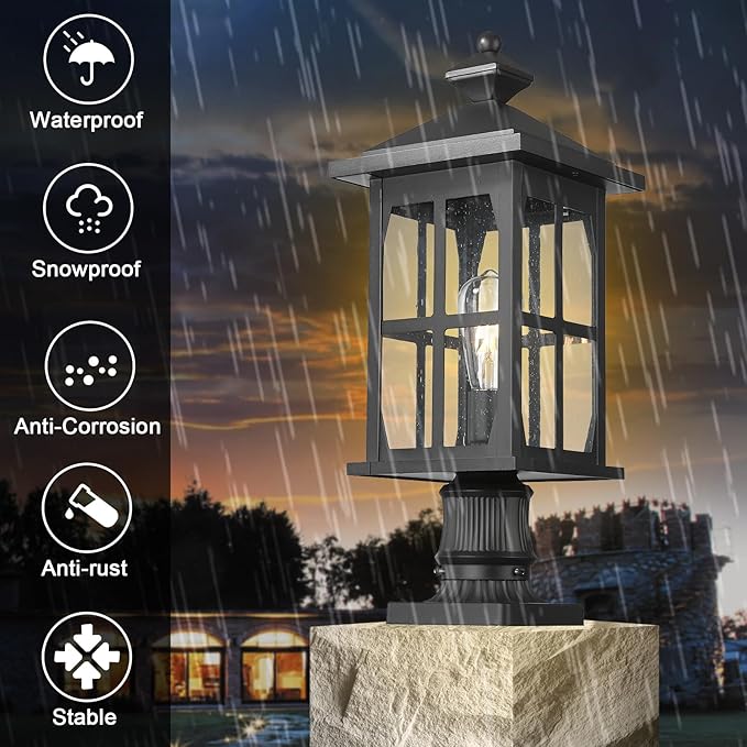 Darkaway Outdoor Post Lights, 21.3inch Large Exterior Post Lantern Lamp Waterproof Aluminum Housing Lamp with Seeded Glass, Fence Pole Deck Lighting for Garden Patio Pathway Driveway